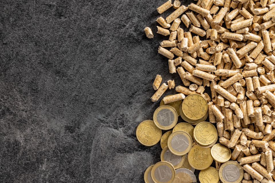 Wooden pellets and euro coins.